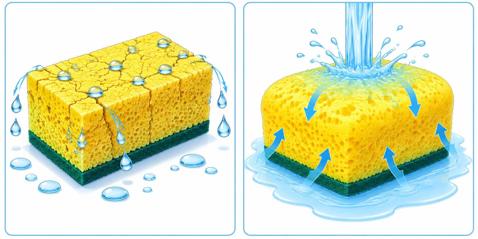 Dehydrated sponge repelling water versus hydrated sponge absorbing water