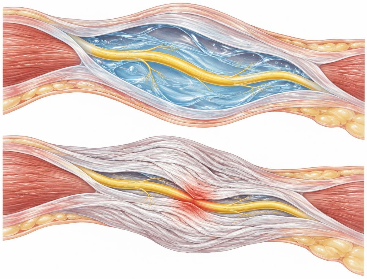 Cross-section of hydrated vs collapsed fascial canal compressing a nerve