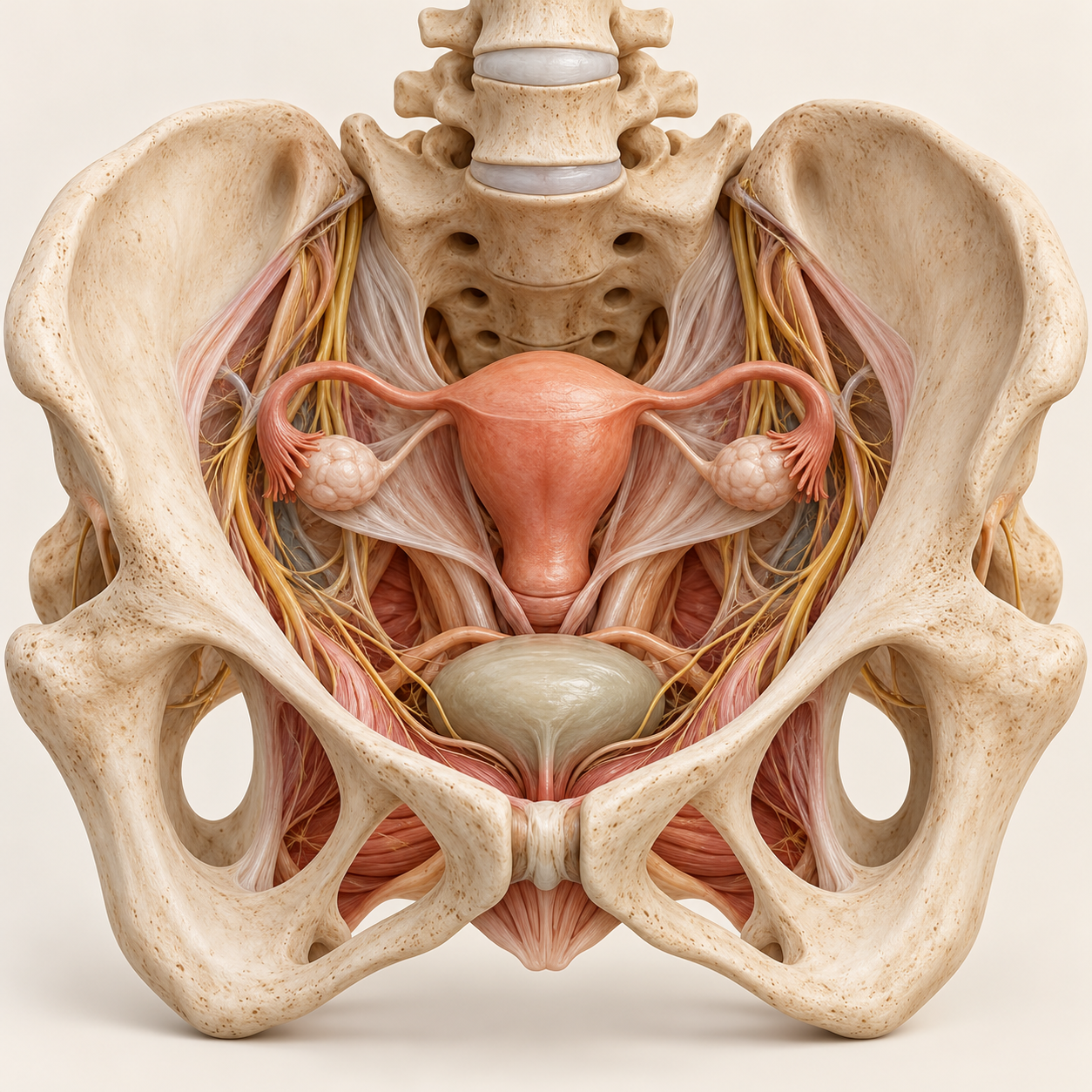 Three-dimensional educational overview of the female pelvis, showing the uterus, bladder, supporting connective tissues, pelvic bones, and nerve pathways.