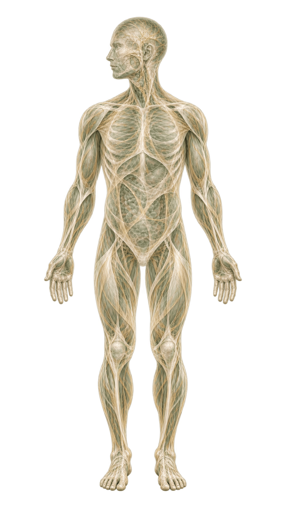 Full-body anatomical figure showing an interconnected fascia network from head to toe