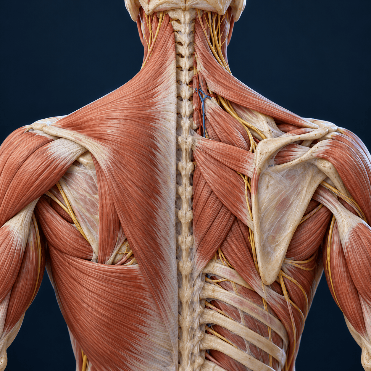 Three-dimensional educational posterior view of the neck and upper back, showing trapezius fascia, the shoulder-blade interface, spinal structures, and deeper muscles, nerves and blood vessels.