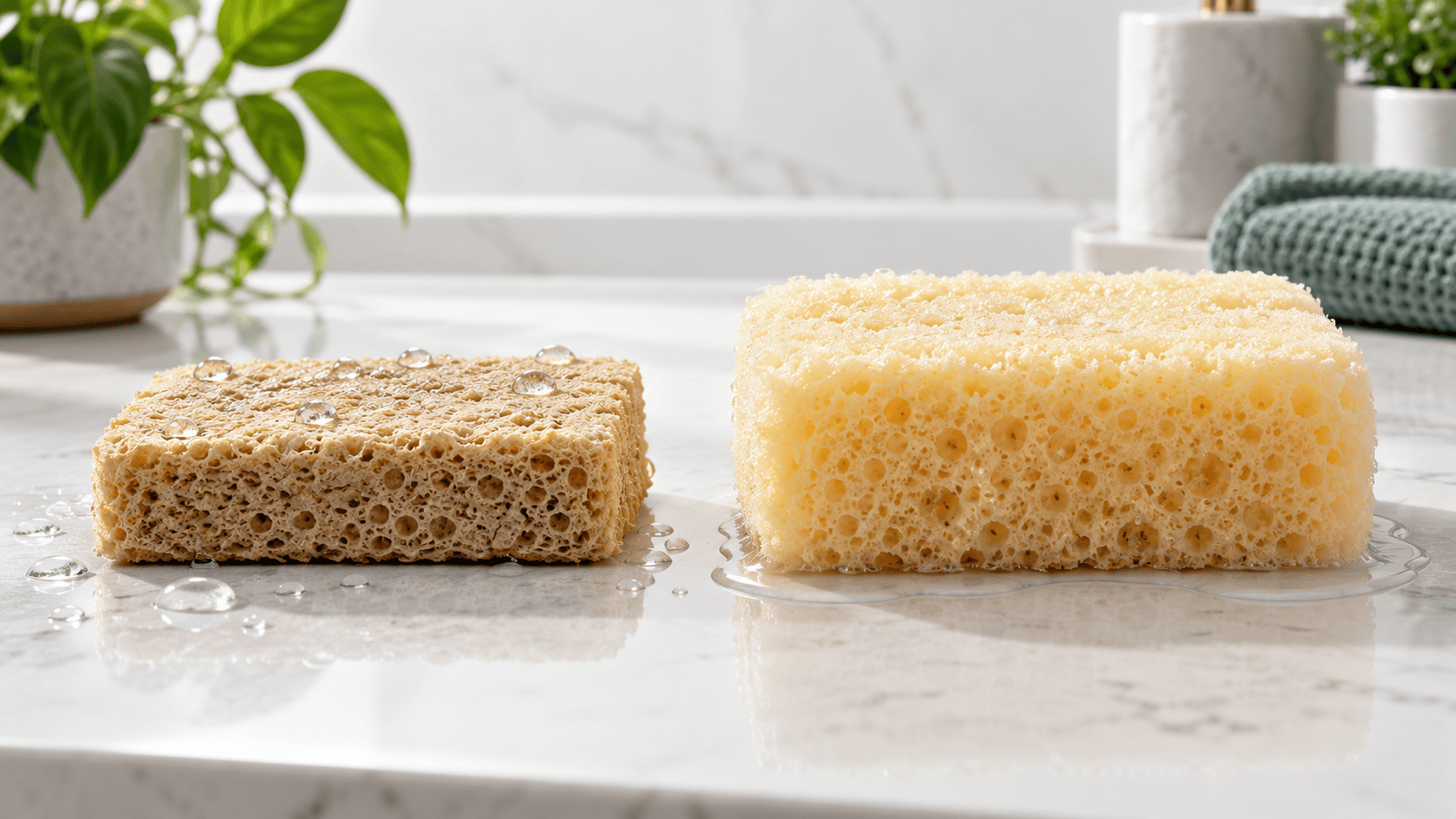 Illustrative dry and hydrated kitchen sponge comparison