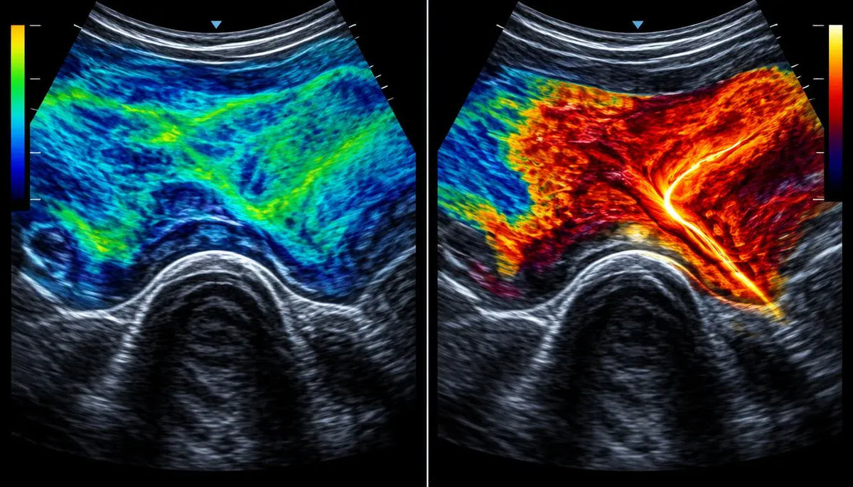 Educational illustration comparing a hydrated fascial glide plane with dense connective tissue