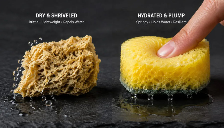 Realistic kitchen sponge comparison showing water running off a dry sponge on the left and a hydrated sponge retaining water on the right.