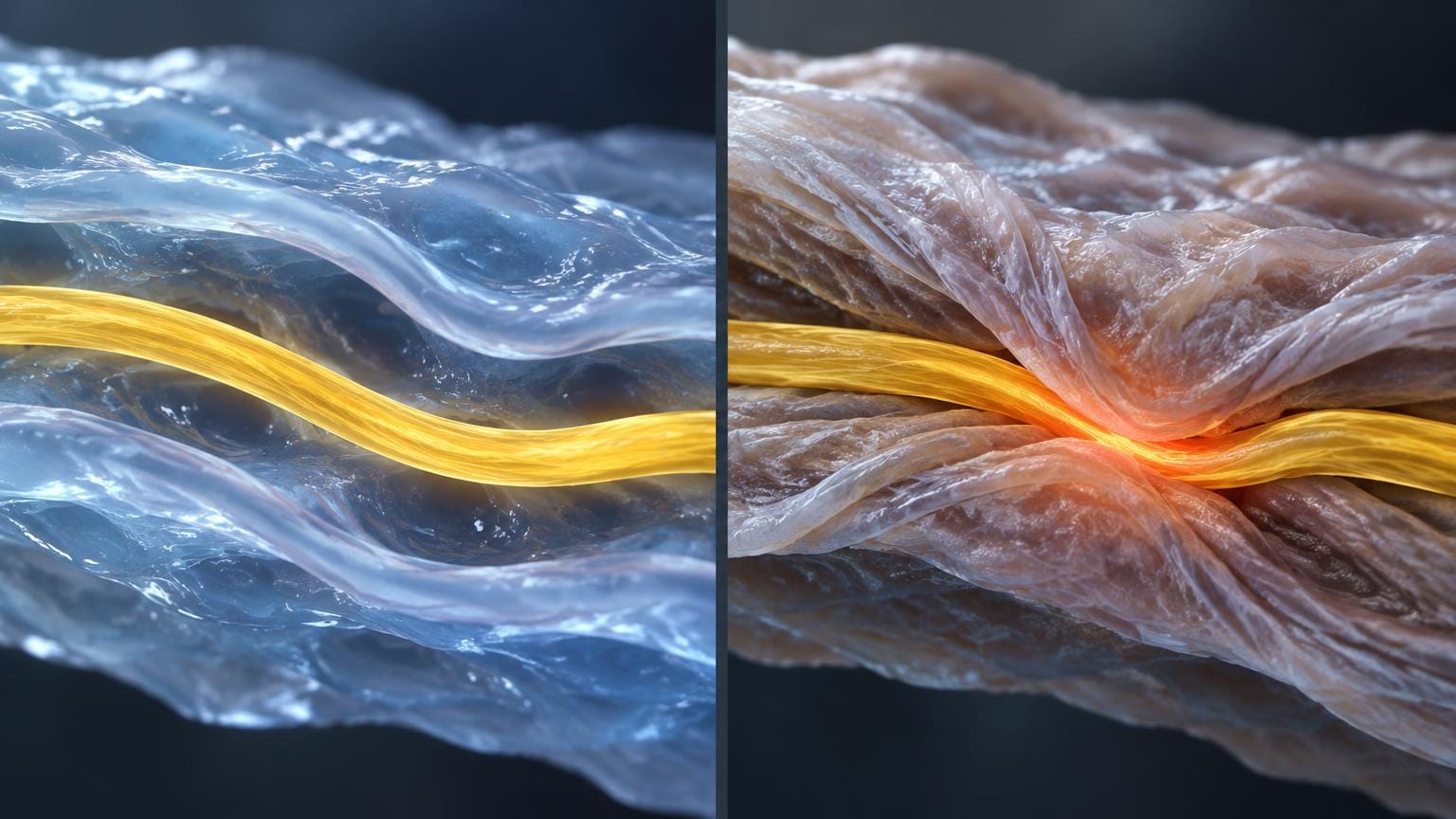 3D medical cutaway showing dehydrated thoracolumbar and gluteal fascia clamping down on the sciatic nerve like shrink-wrap