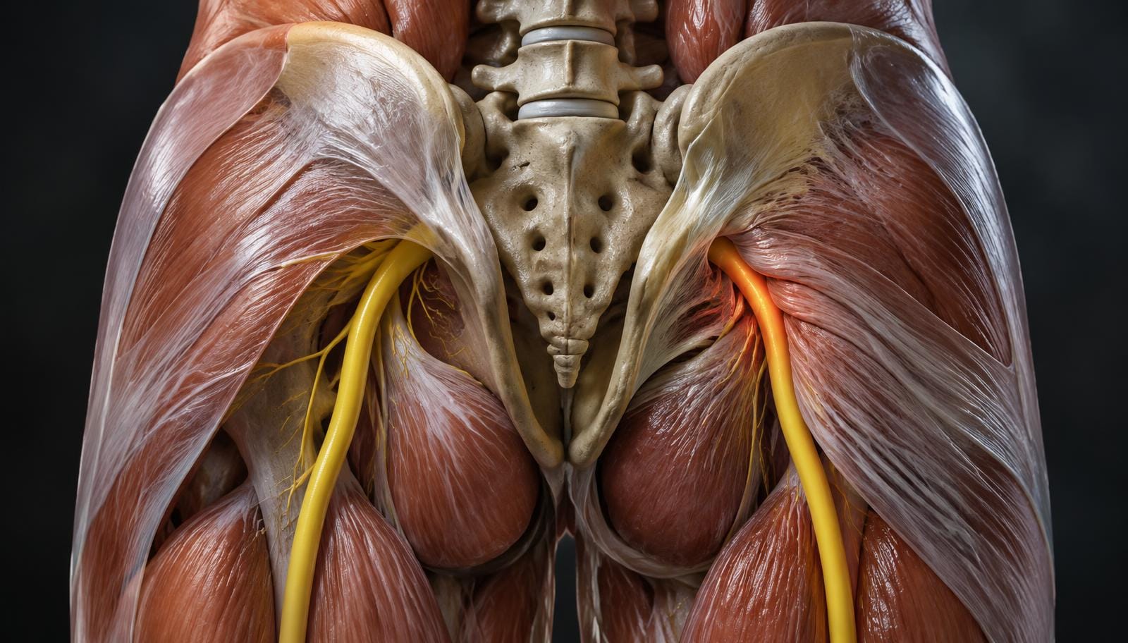 Educational 3D illustration of the sciatic nerve and deep gluteal fascial corridor