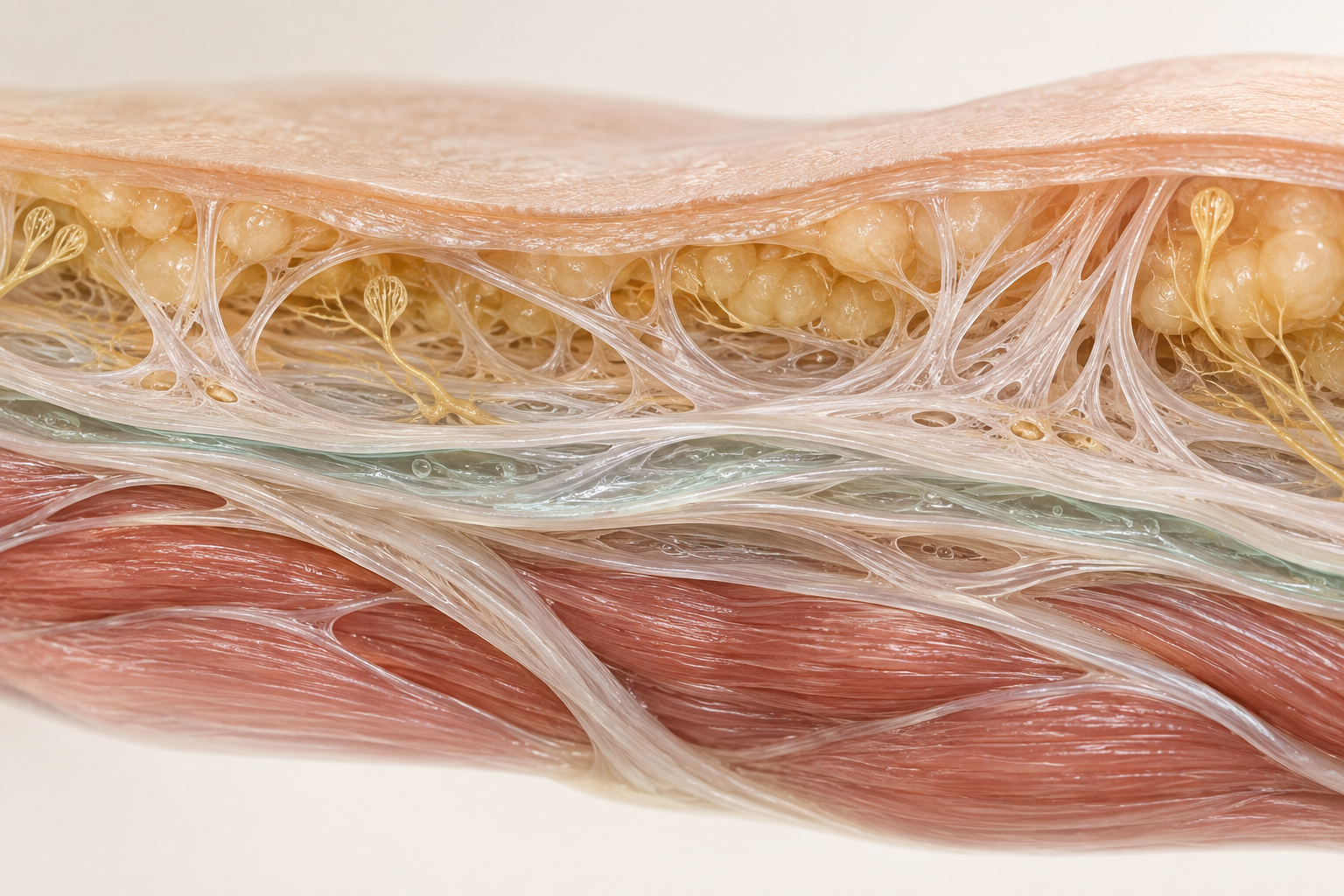 Editorial illustration of skin, connective tissue, fascia and muscle layers