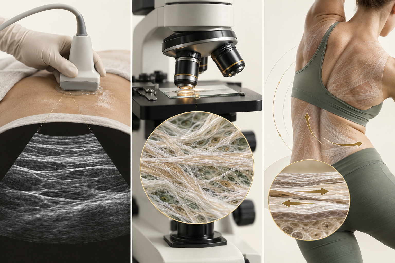 Educational illustration showing ultrasound, tissue microscopy, and movement analysis