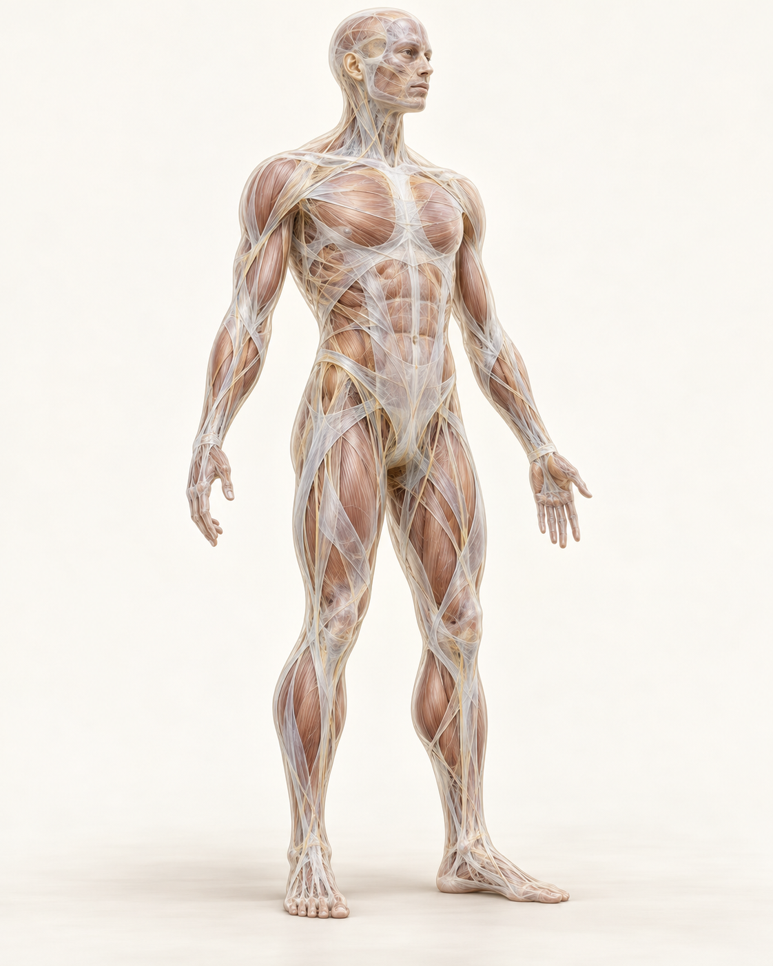 Full-body educational illustration of the fascial connective-tissue network