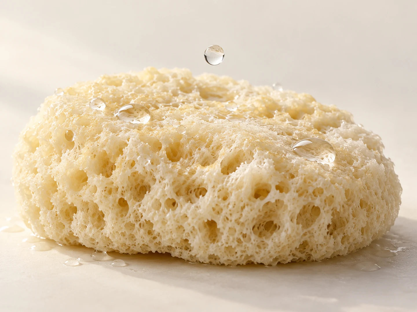 Porous natural sponge with water droplets, used as a visual analogy for water and structure.